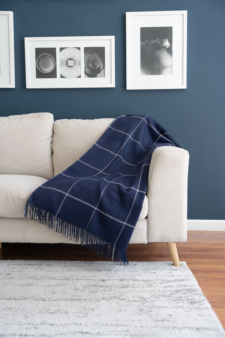 100% Baby Alpaca Windowpane Throw - Navy